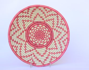 Medium African Basket, 10" Rwanda Basket, Cream and Pink