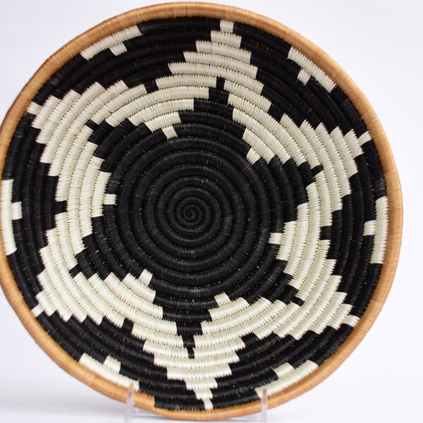 Tabia Woven Basket, 16" Rwanda Basket, African Basket, White and Tan and black