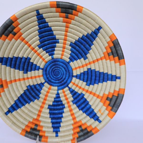14" Woven Wall Basket: African Rwanda Basket, Blue Orange White