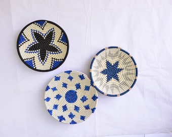 Set of three Large African Baskets for Wall Hanging. Rwanda Baskets. Blue and white