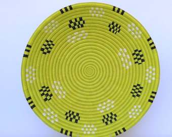 African basket, 16" Rwanda Basket,  Yola Wall baskets, Woven Bowl. Yellow, Black and white