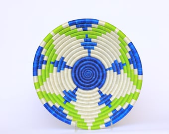 African Wall Basket, Medium Rwanda baskets, African Woven basket, Ngenda 10 inches.  Blue, white and green