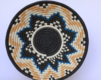 Extra large 16" Woven Wall basket, African Basket, Rwanda Basket, Niteo. Brown, White, Black and Blue