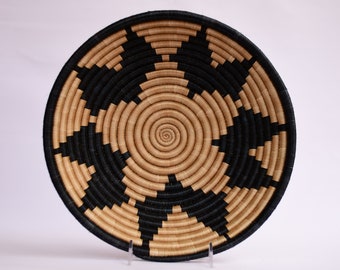 Igisiga Large African Wall Basket, 12" African Woven basket, Rwanda Baskets. Black and Tan