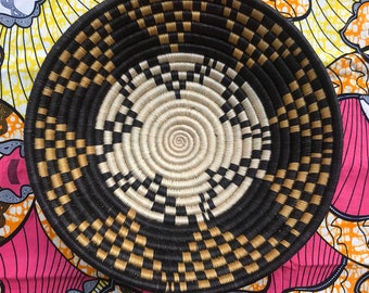 12" Rwanda Basket / African Basket / Woven Bowl / Wall Hanging Art/ Sisal & Sweetgrass Basket / Fruit Bowl / gray, blue, yellow