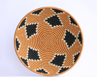 Nziza African Wall Basket, Rwanda baskets, African Woven basket. Black, White and Tan