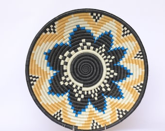 12" Woven Wall basket, Large African Basket, Rwanda Basket, Niteo. Brown, White, Black and Blue