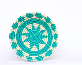 Small African Woven basket, Rwanda basket Nevesita. Teal and cream