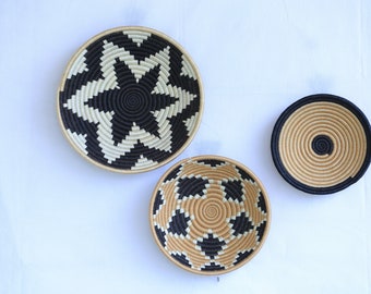 Set of three African Baskets for Wall Hanging. Rwanda Baskets. Nziza