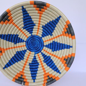 Extra large 16&quot; Woven Wall basket, African Basket, Rwanda Basket, Mpamvu. Brown, White, Black and Blue