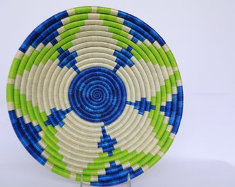 African Wall Basket, Rwanda baskets, 14" African Woven basket, Ngenda  Blue, white and Green