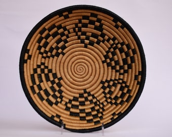 Large African Wall Basket: Black & Tan Boho Decor (12&quot;)