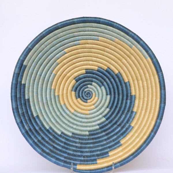 African Wall Basket, Large Rwanda baskets, African Woven basket, 12" Hamaki Sky blue, blue and brown