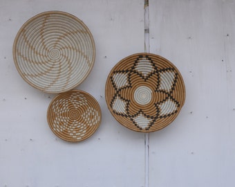 Set of three African Baskets for Wall Hanging. Rwanda Baskets