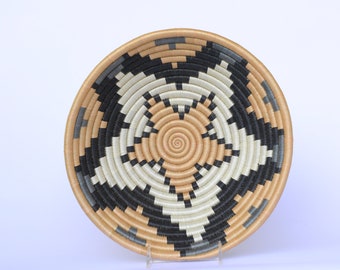 Kato Medium African Basket, 10 Inches Rwanda Basket, Black, White and Tan