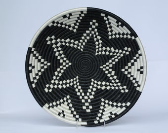 African Woven Wall Basket: Black and White Sisal, Rwanda Art