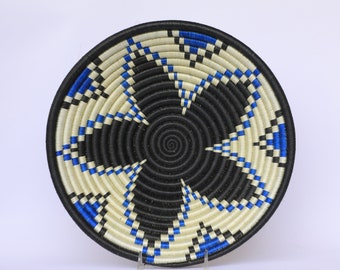 African Wall Basket, Large Rwanda baskets, African Woven basket, 12" Ntare. Sky blue and Black