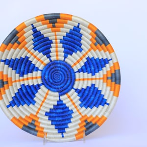 Small African wall basket, sisal basket, Woven basket, Hanging basket, Gift for her. Rwanda basket, 8&quot; wide,Mpamvu.  Blue, Orange, White