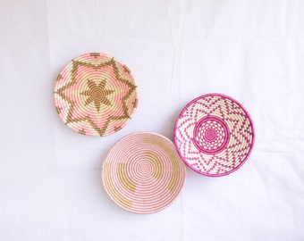 Set of three Large African Baskets for Wall Hanging. Wall decor, Woven baskets Rwanda Baskets. Pink and brown