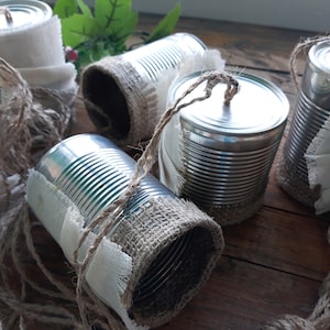Blikjesslinger Trouwauto Decor net getrouwd blikjes Traditioneel bord Rustieke, landelijke stijl Upcycled hergebruikte blikjes set Getaway set van 6