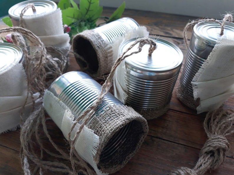 Tin can garland Wedding car Decor just married tin cans Traditional sign Rustic country style Upcycled repurposed cans set Getaway set of 6