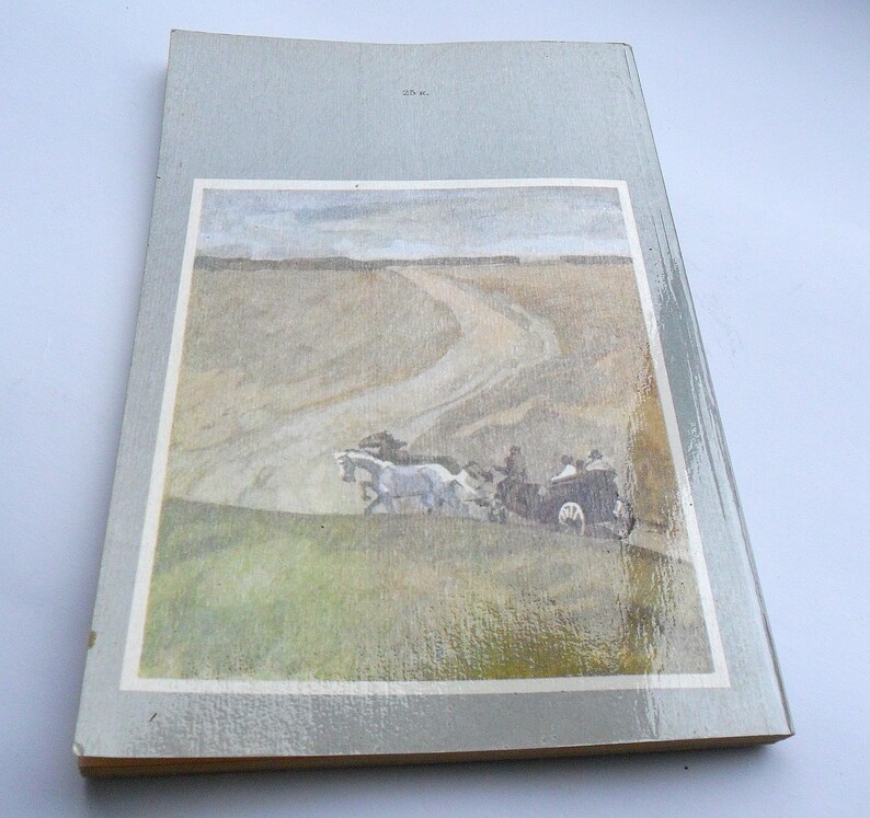 May include: A vintage book cover featuring a painting of a horse-drawn carriage traveling along a dirt road. The road is winding through a field with a cloudy sky in the background.
