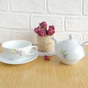Vintage Porcelain Tea Set, Purple Green Floral, Made in USSR