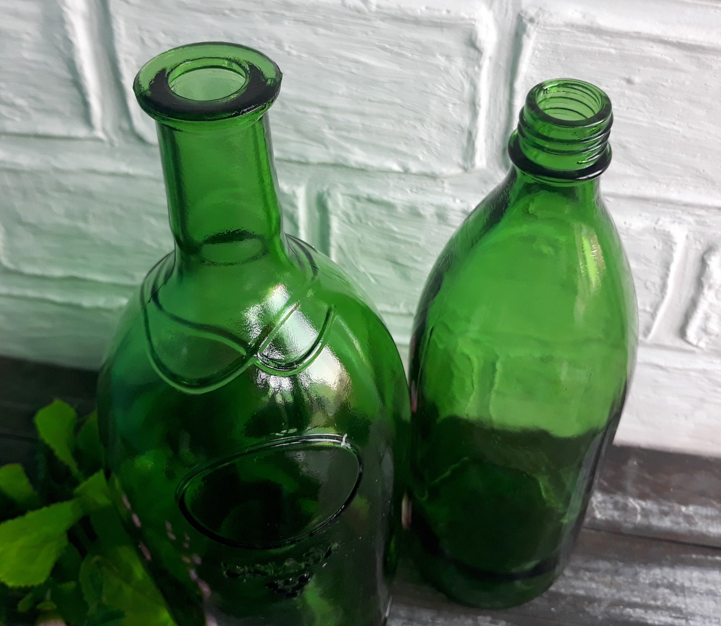 Set of 2 Vintage Bottles Green Glass Wine Bottle Decor Antique Etsy