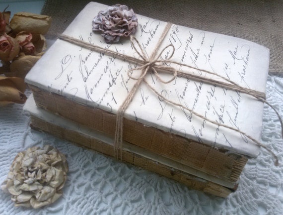 Beige Decorative Book Set with Twine – French Script Table Centerpiece