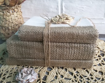 Burlap Wrapped Book Set: Rustic Home Decor, Minimalist Display