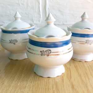 Set of 3 Vintage ceramic kitchen dishes for sauces spices salt pepper Ukrainian dish with blue - gold border Pepper shaker Spice jar w/lid