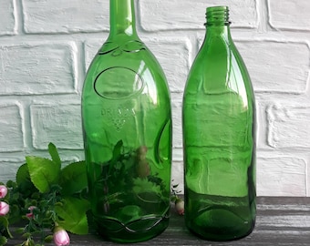 Set of 2 Vintage Bottles Green Glass Wine bottle decor Antique Bottle Green glass bottle vase Kitchen decor Made in USSR Large green bottle