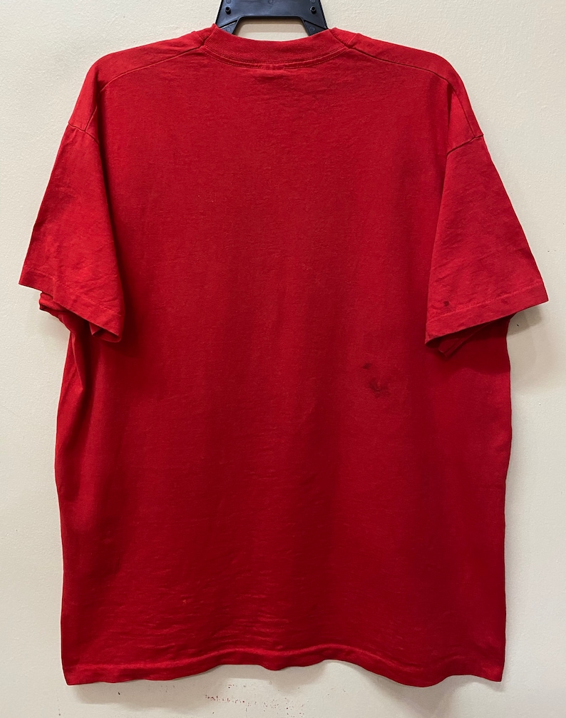 May include: A plain red t-shirt with short sleeves. The shirt is hanging on a hanger.