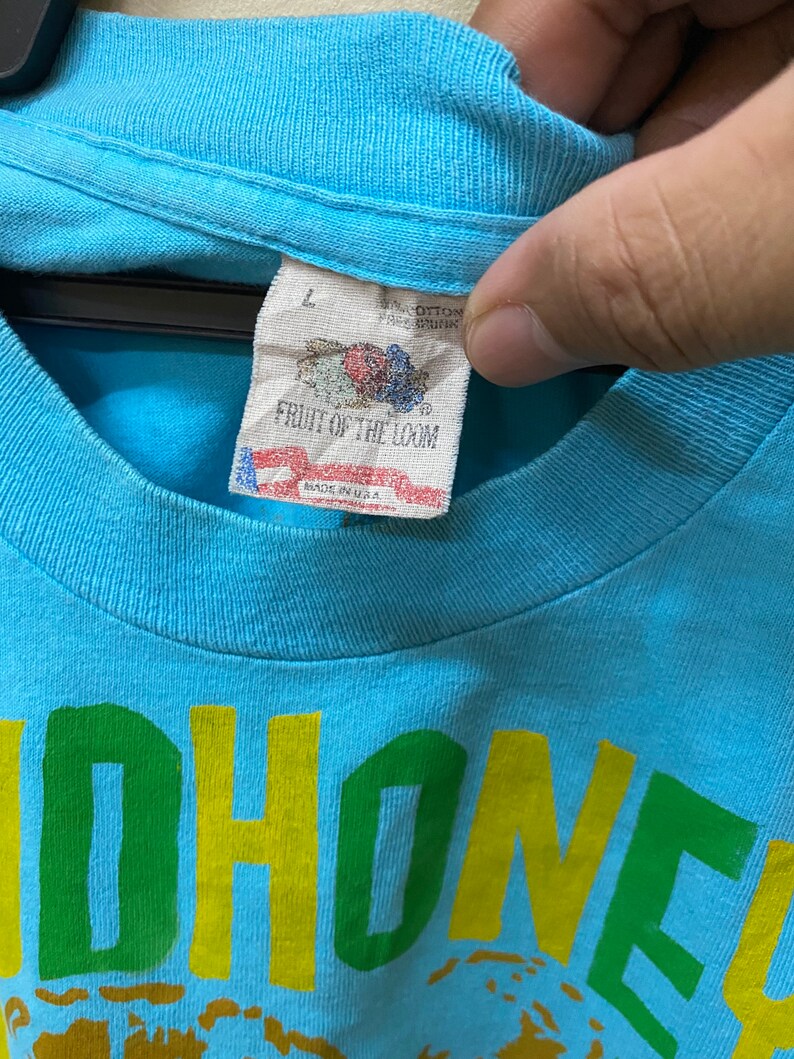 May include: A light blue t-shirt with a yellow, green, and brown graphic print that says "Honey" on it. The shirt has a Fruit of the Loom tag with a size L.