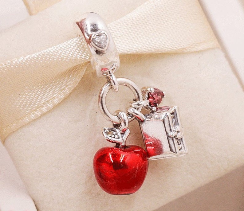 Sterling Silver Enameled Flat Apple Dangle Charm Bead For Bead Charm Bracelet