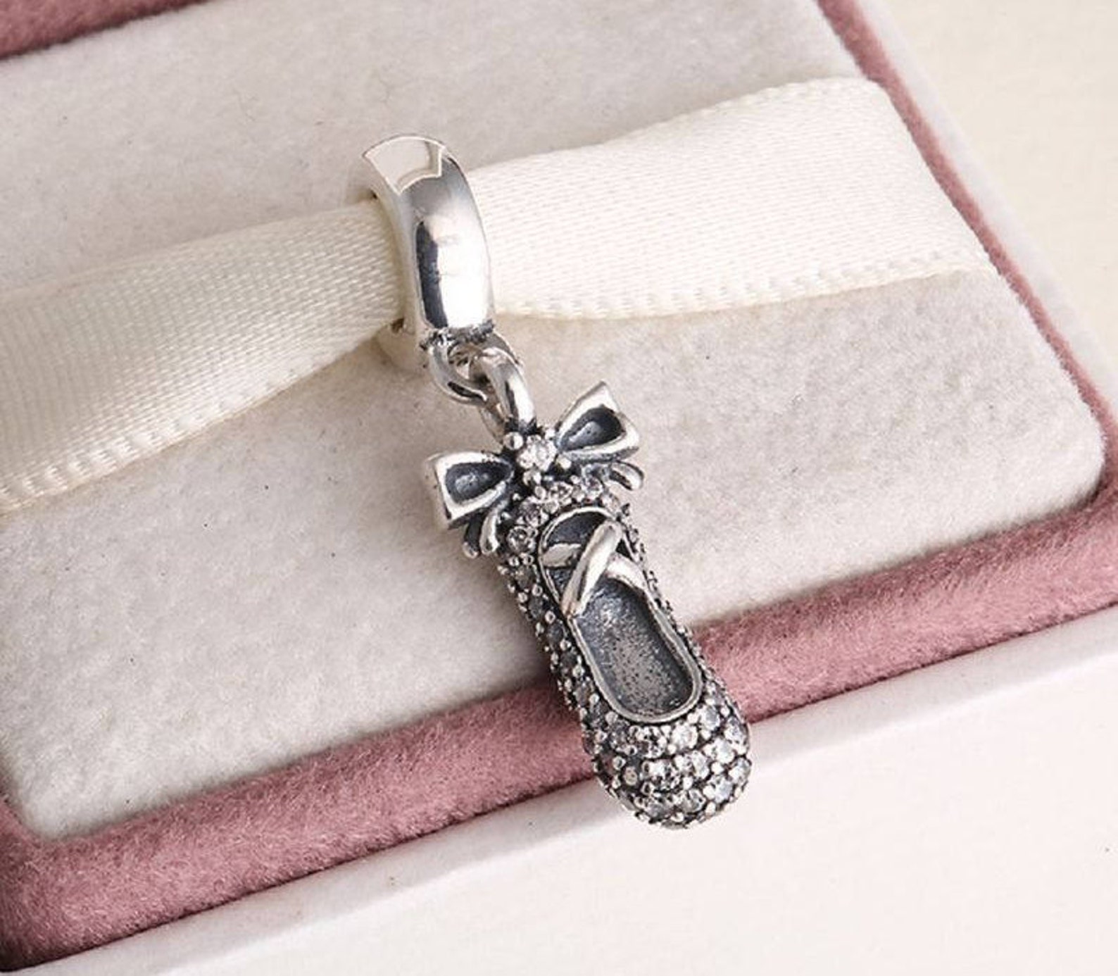 ballet slipper pendant charm, 925 sterling silver & cubic zirconia charm fits to all pandora bracelets