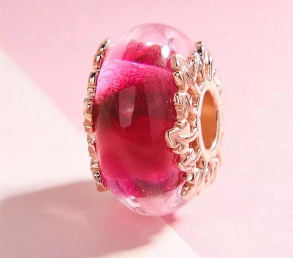 Pink Murano Glass \u0026 Leaves Charm Rose 