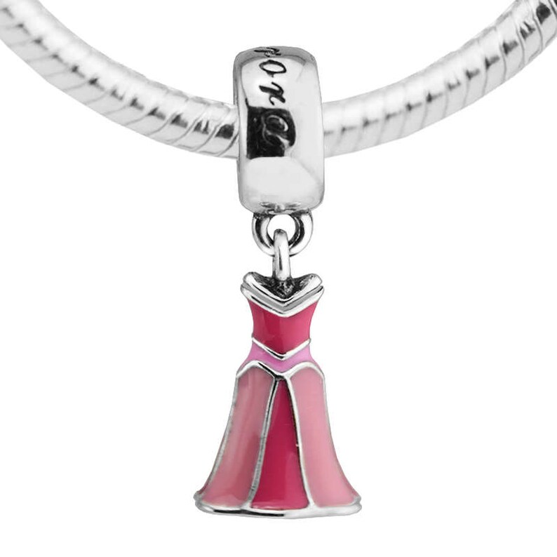 Sterling Silver with Pink Enamel Charm Fits to all Charm Bracelets Aurora/'s Dress Pendant Charm