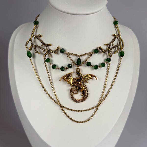 Gold Dragon Necklace with Green Beads, Fantasy Dragon Jewelry, Elven Gothic Necklace, Medieval Statement Necklace, Dragon Pendant