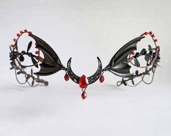 Black red moon crown with wings  Vampire crown Gothic headpiece Dark elven crown Goth tiara
