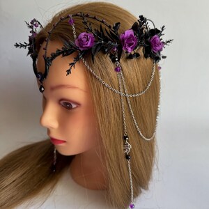 Black moon gothic flower crown with chains, purple rose tiara, dark fairy headpiece, fantasy wedding crown, witchy headpiece image 13