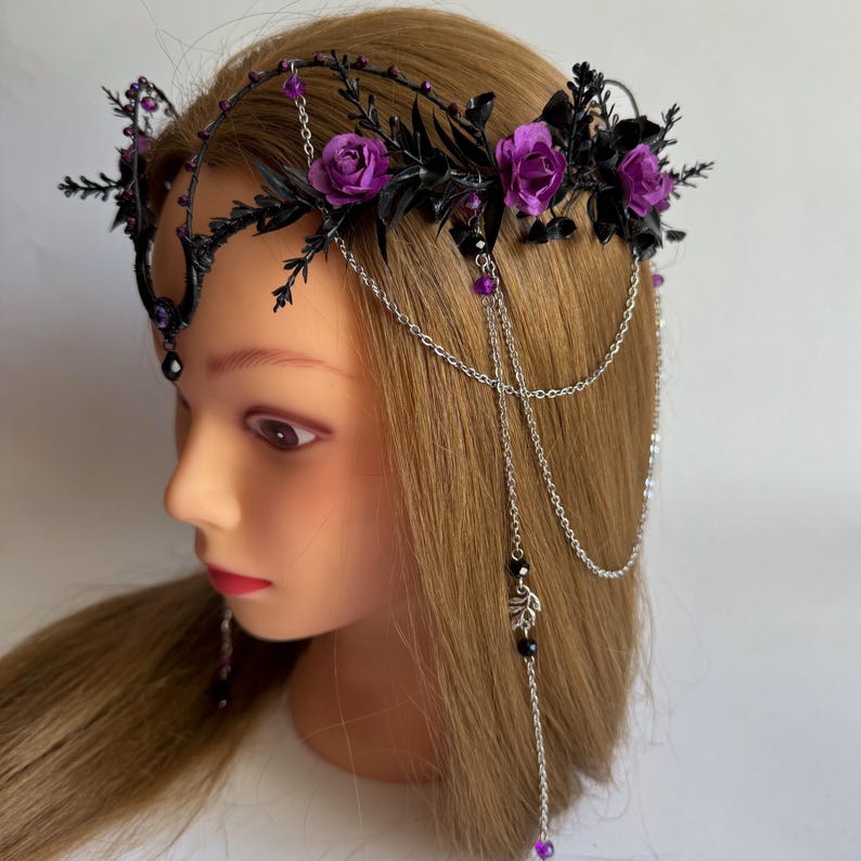 Black moon gothic flower crown with chains, purple rose tiara, dark fairy headpiece, fantasy wedding crown, witchy headpiece image 13