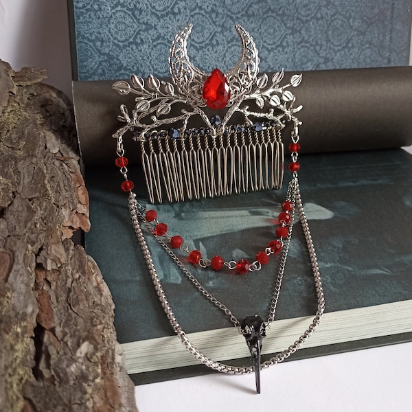 Moon hair comb with chain and raven skull Gothic headpiece Witch headdress Pagan jewelry