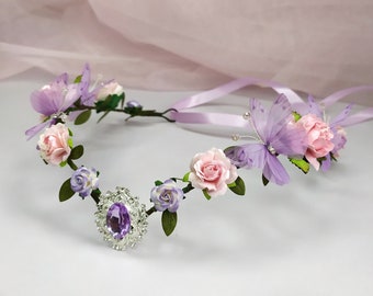 Elven fairy crown with butterflies Woodland elf crown wedding Elven flower headpiece Elf tiara