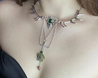 Woodland Elven Antler Necklace – Stag, Leaf & Chain Choker, Fantasy Jewelry