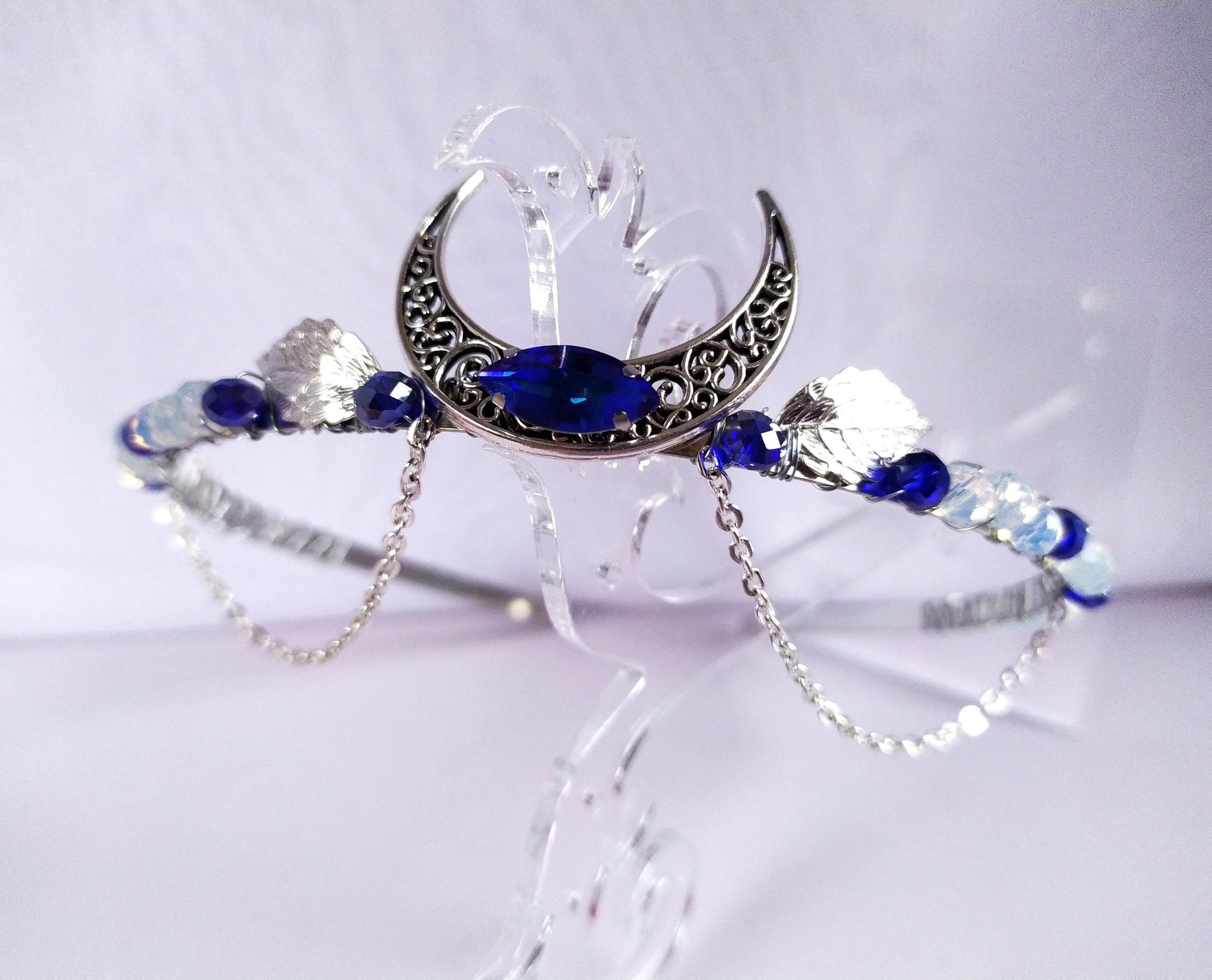 Silver Fairy Crown Tiara with Blue Rhinestone, Circlet Leaves Headpiece for  Wedding Cosplay Prom, Water Elf Pixie Witch Angel Mermaid Fairy