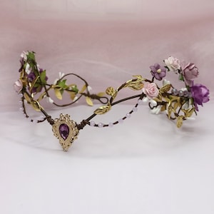 Elven fairy crown with flowers and gold leaves Elven flower crown wedding Elf tiara Elvish floral headpiece