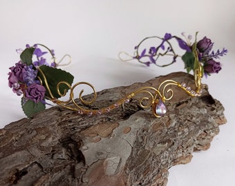 Elven wedding tiara gold and purple Fairy crown for woman Flower elvish crown Woodland elf tiara