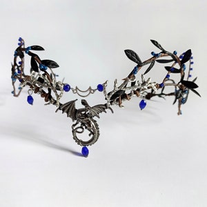 Dragon tiara Woodland tiara dark blue Moon crown Elven crown Dark fairy crown Gothic headpiece