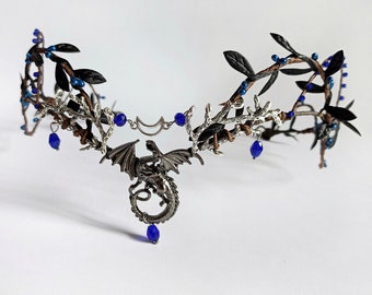 Diadème de dragon Diadème des bois bleu foncé Couronne lunaire Couronne elfique Couronne de fée noire Casque gothique